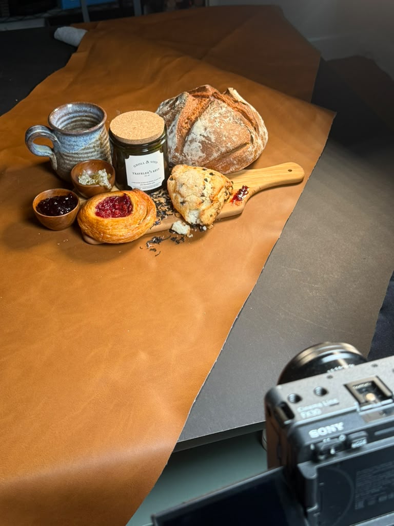 Behind the scenes photo shoot for the Traveler's Rest candle